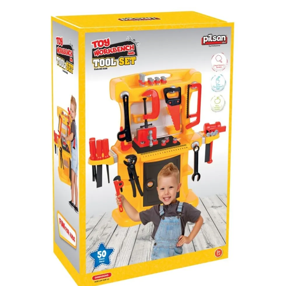 Pilsan Kinder-Werkbank Lux 03538 mit Kinderwerkzeug 50-teilig, Hammer, Schrauben gelb
