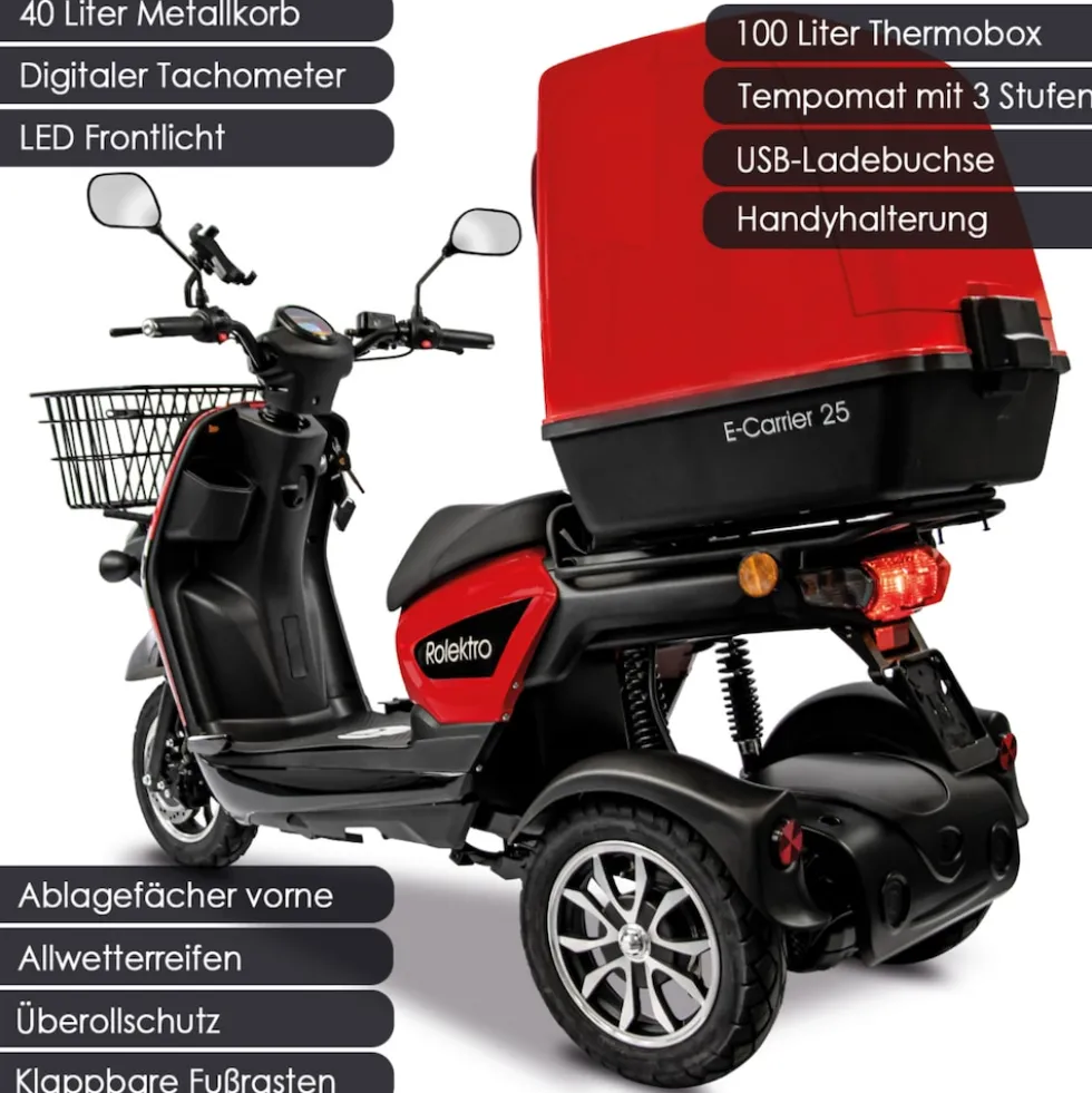 Rolektro, E-Carrier 25 V.3 Lithium, Rot, mit XXL-Koffer, 60V-32,5Ah Akku, 1000 Watt