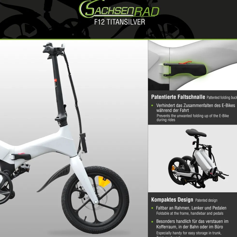 SachsenRAD E-Faltrad F12 Klapprad Ebike Elektrofahrrad Space Grau 16 Zoll