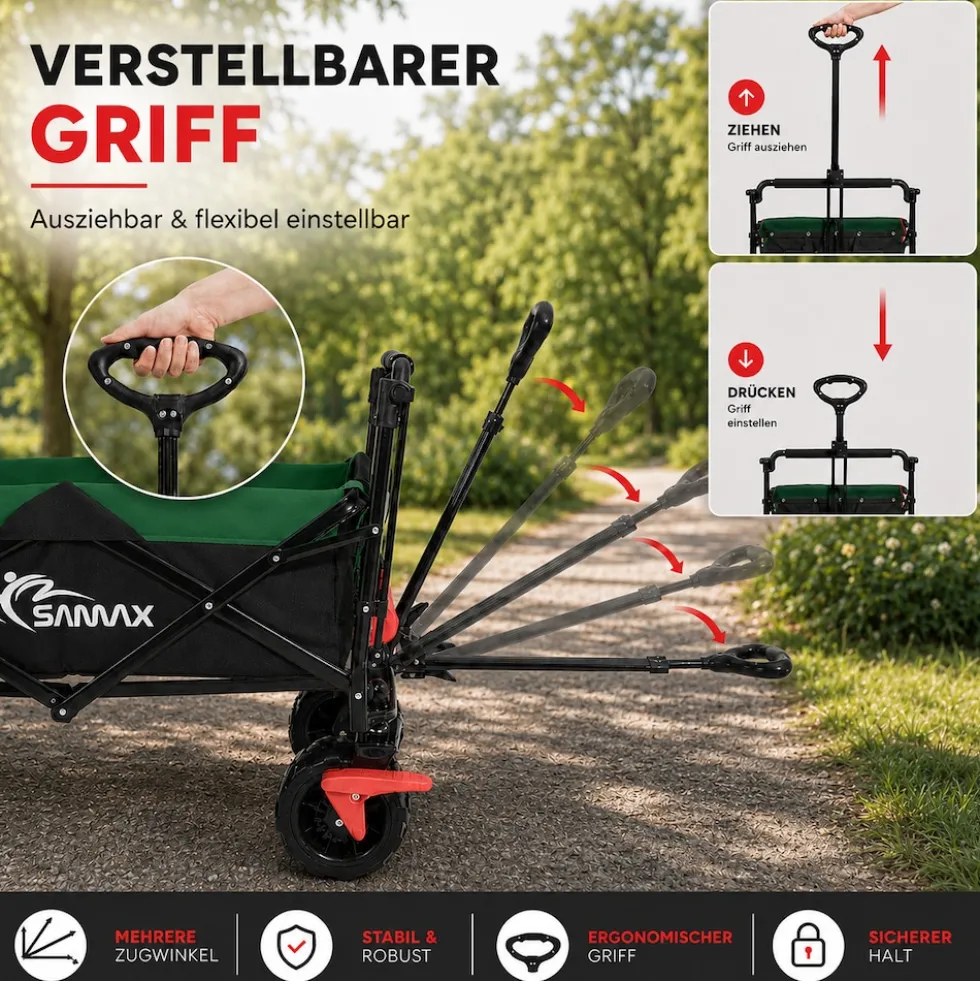 SAMAX Faltbarer Bollerwagen Offroad mit Dach - Schwarz / Grün