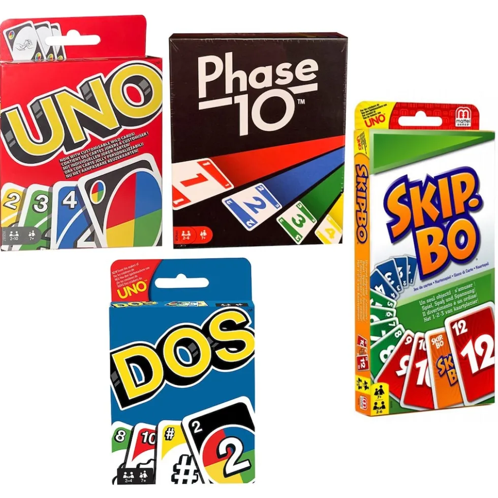 SPAR-SET 169882 - Mattel - 4er Set Kartenspiele: UNO, Skip Bo, Phase 10 und DOS