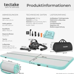 tectake® Airtrack Trainingsmatte, aufblasbar, rutschfestes, hochwertiges PVC, inkl. Transporttasche, 397 x 104 x 10 cm