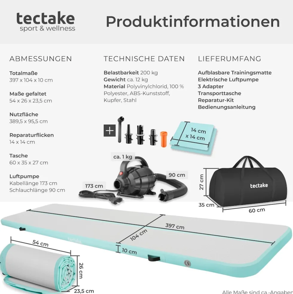 tectake® Airtrack Trainingsmatte, aufblasbar, rutschfestes, hochwertiges PVC, inkl. Transporttasche, 397 x 104 x 10 cm