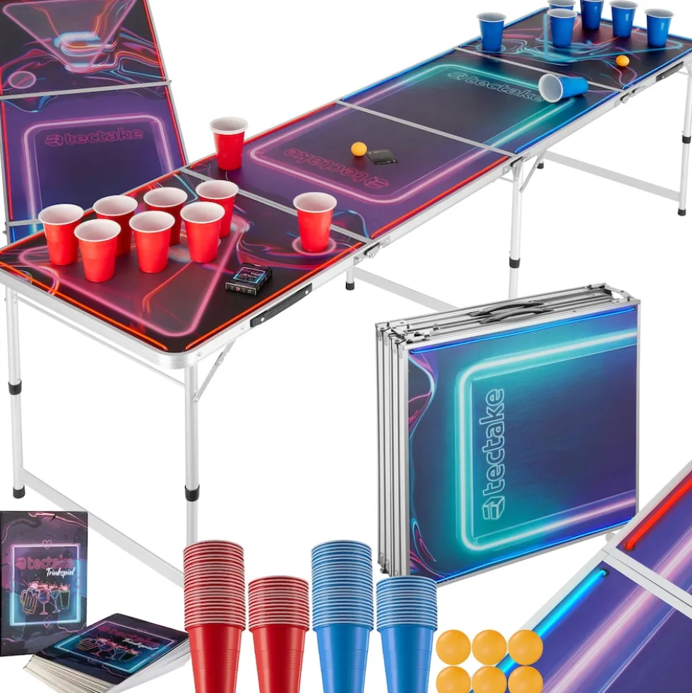 tectake® Aluminium Bierpongtisch, mit LED-Beleuchtung, bodenschonende Kunststofffüße, inklusive 100 Bechern, 6 Bällen und Kartentrinkspiel