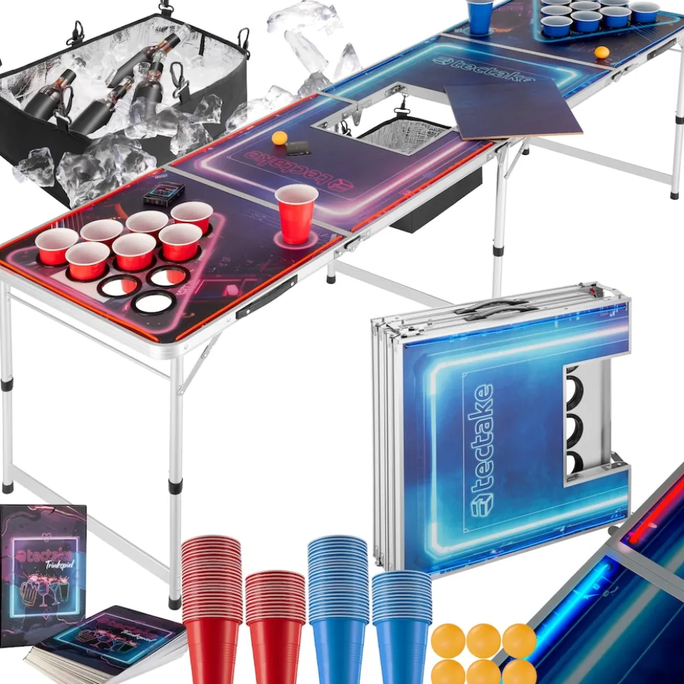tectake® Aluminium Bierpongtisch, mit Eisfach, Becherlöchern, LED-Beleuchtung, bodenschonende Kunststofffüße, inklusive 100 Bechern, 6 Bällen und Kartentrinkspiel