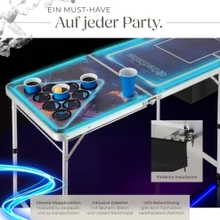 tectake® Aluminium Bierpongtisch, mit Eisfach, Becherlöchern, LED-Beleuchtung, bodenschonende Kunststofffüße, inklusive 100 Bechern, 6 Bällen und Kartentrinkspiel