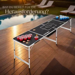 tectake® Aluminium Bierpongtisch, mit Eisfach, klappbar, bodenschonende Kunststofffüße, inklusive 100 Bechern und 6 Bällen