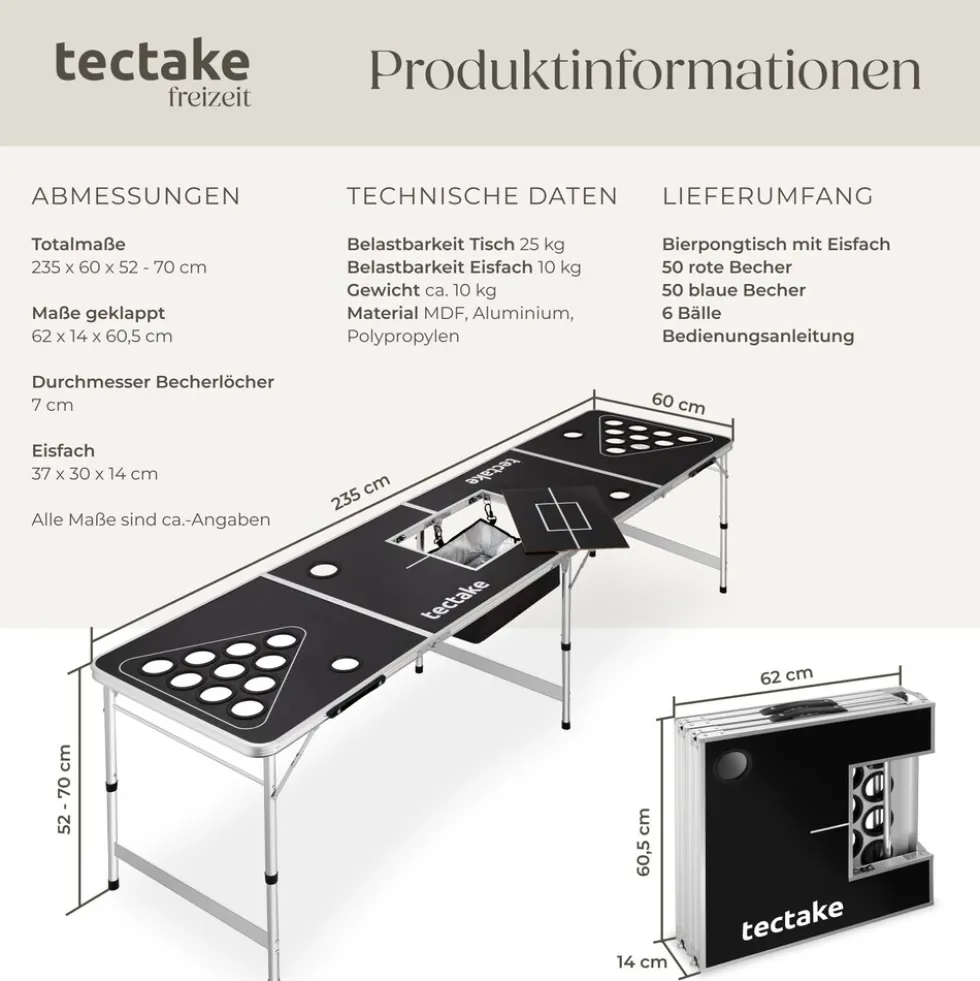 tectake® Aluminium Bierpongtisch, mit Eisfach, klappbar, bodenschonende Kunststofffüße, inklusive 100 Bechern und 6 Bällen