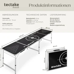 tectake® Aluminium Bierpongtisch, klappbar, bodenschonende Kunststofffüße, inklusive 100 Bechern und 6 Bällen