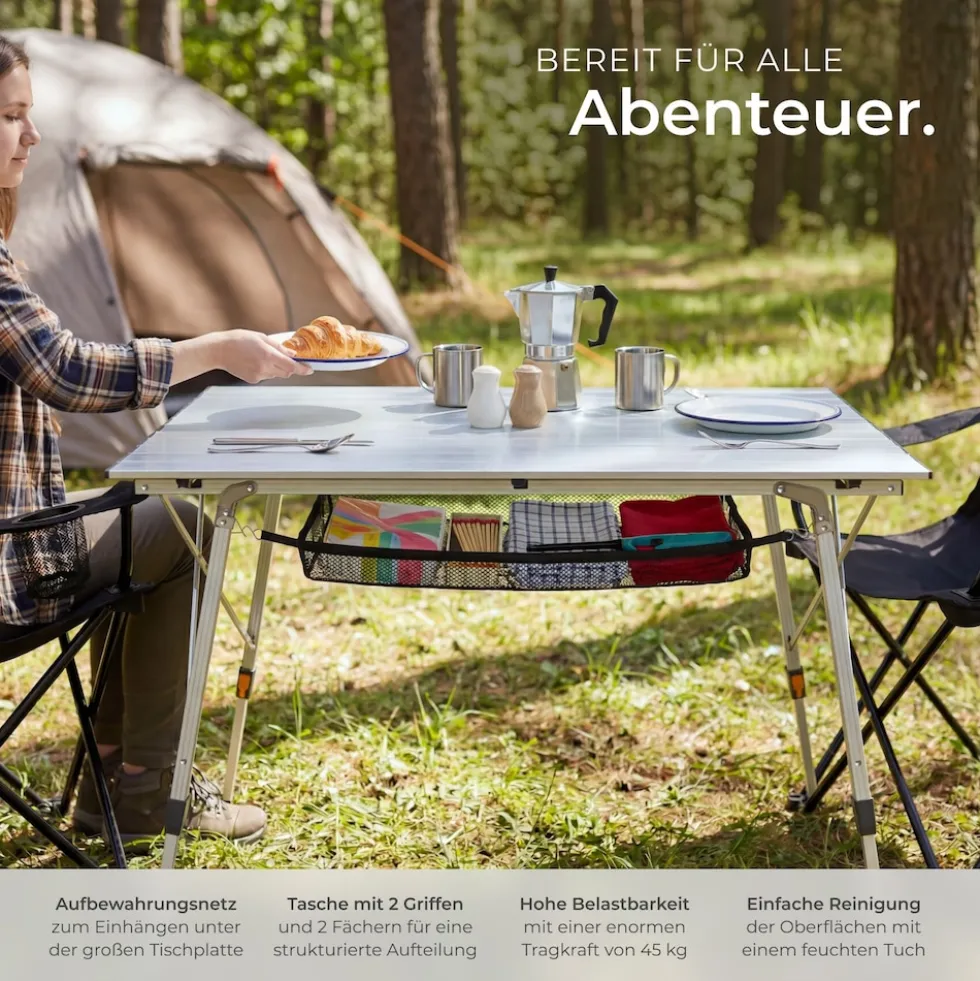 tectake® Aluminium Campingtisch, faltbar, höhenverstellbar, 120 x 70,5 x 58 – 79 cm