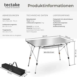 tectake® Aluminium Campingtisch, faltbar, höhenverstellbar, 120 x 70,5 x 58 – 79 cm