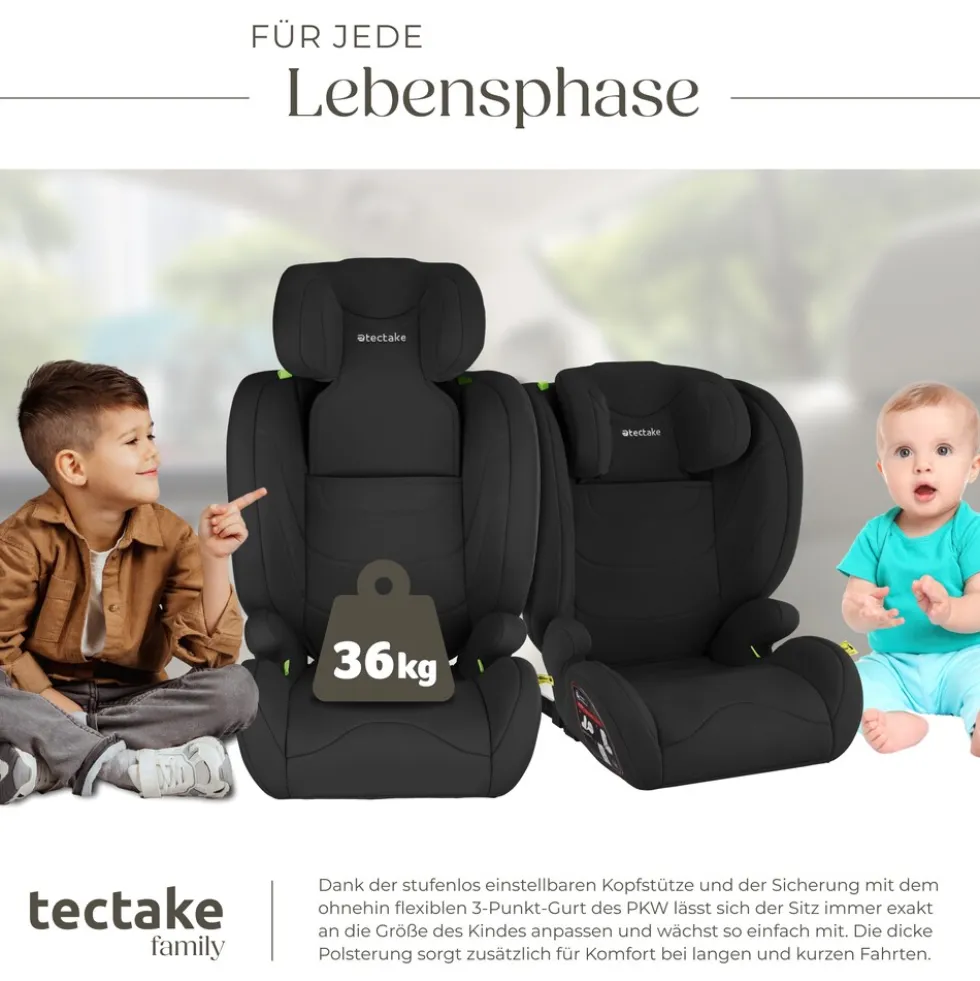 tectake® Autositz, i-Size Zulassung, ISOFIX-Installation, mit Seitenaufprallschutz, extra dicke Polsterung, von 100 bis 150 cm, Belastbarkeit 36 kg