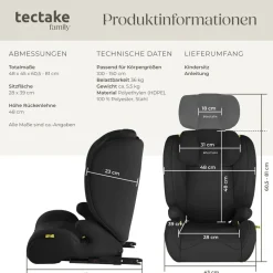 tectake® Autositz, i-Size Zulassung, ISOFIX-Installation, mit Seitenaufprallschutz, extra dicke Polsterung, von 100 bis 150 cm, Belastbarkeit 36 kg