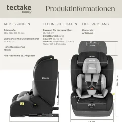 tectake® Autositz, i-Size Zulassung, ISOFIX-Installation und Top Tether, mit Seitenaufprallschutz, längenverstellbarer 5-Punkt-Gurt, 8-fach höhenverstellbare Kopfstütze, ab 15 Monaten von 76 bis 150 cm, Belastbarkeit 36 kg