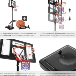 tectake® Basketballkorb, Outdoor, verstellbare Korbhöhe 230 - 305 cm, mit Rollen, inklusive Ball, Pumpe und 2 Netze