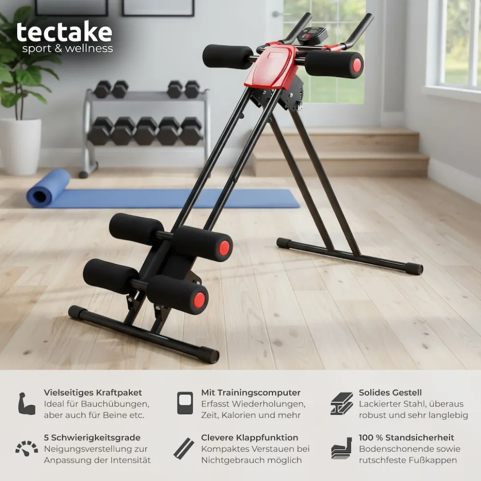 tectake® Bauchtrainer, 5-fach verstellbar, klappbar, mit Trainingscomputer