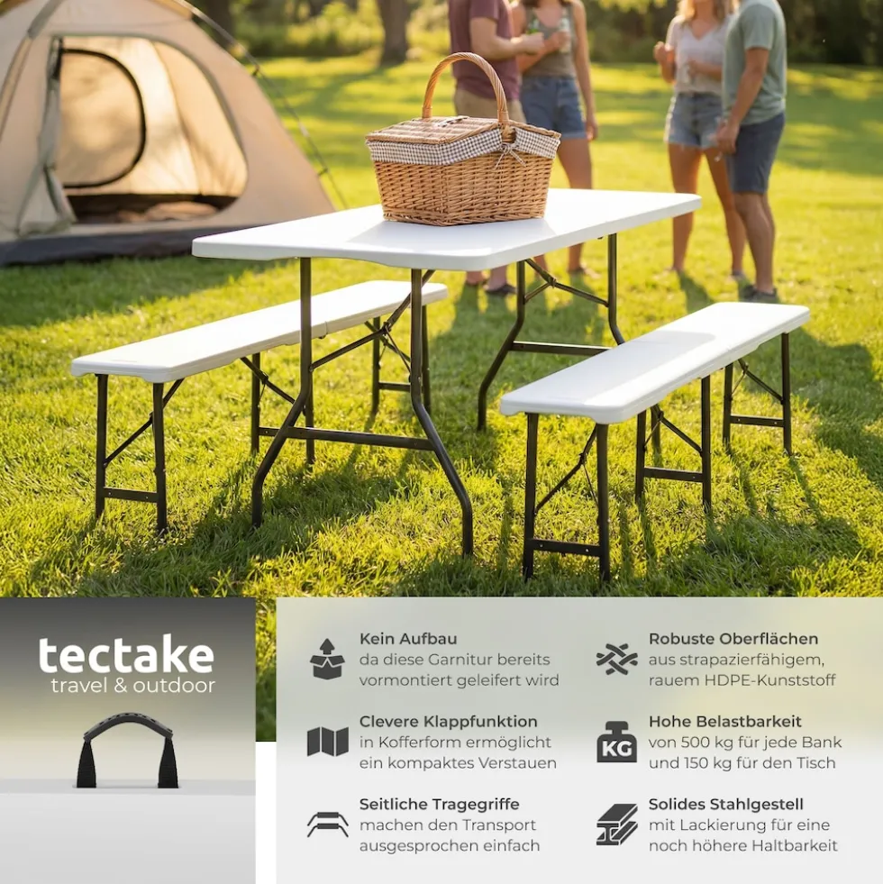 tectake® Bierzeltgarnitur, klappbar, wetterfest, bis zu 8 Personen, gummierte Tragegriffe