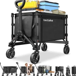 tectake® Bollerwagen, faltbar, abnehmbare Plane aus Oxford-Gewebe mit großer Netztasche und Innenfach, Inklusive Einlegeboden, Reflektorstreifen, Belastbarkeit 60 kg