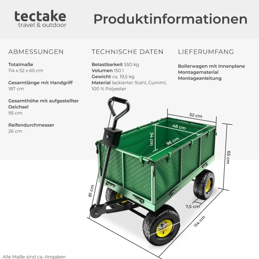 tectake® Bollerwagen, mit klappbaren Seitenwänden, leichtgängige Lenkachse mit gepolstertem Griff, Belastbarkeit 550 kg