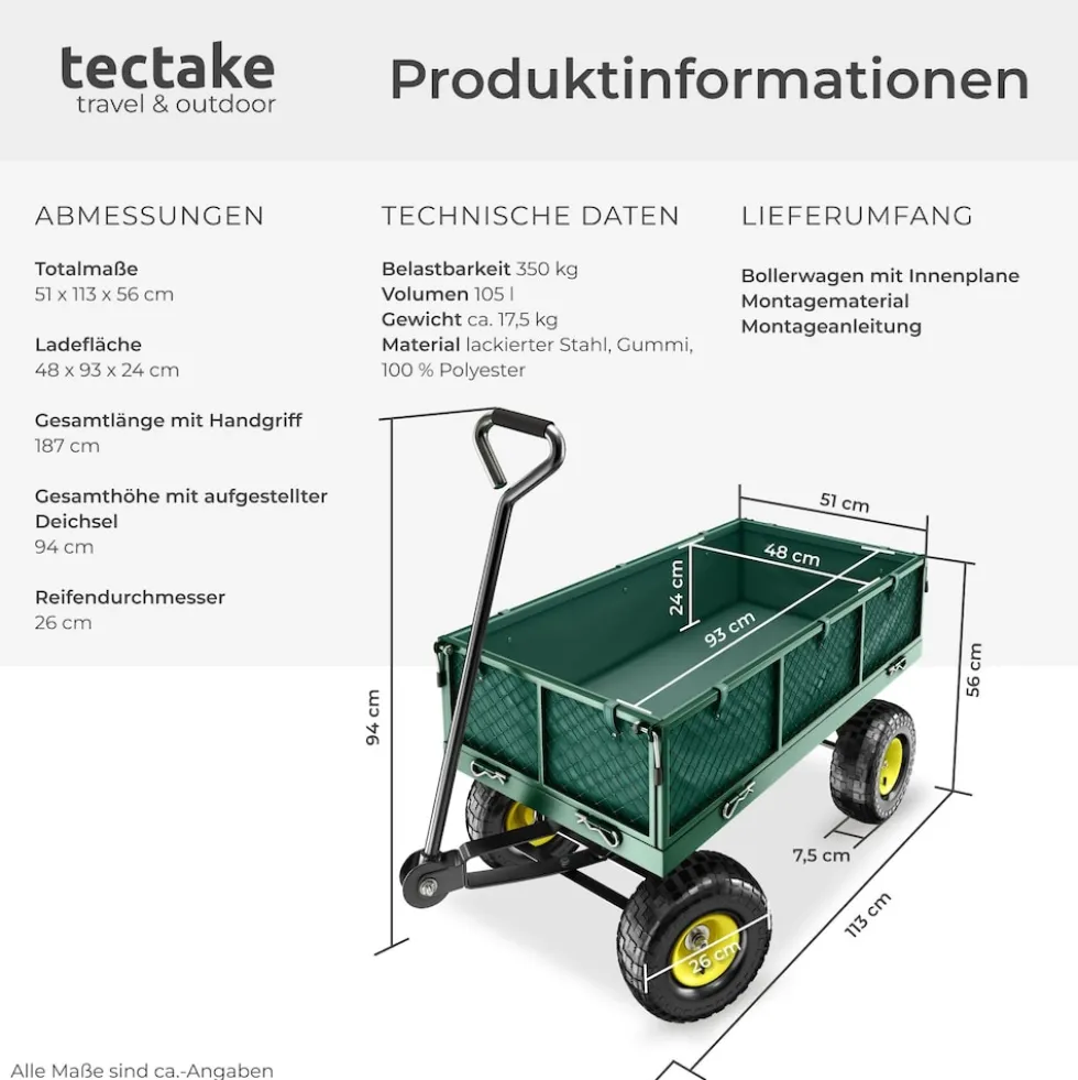 tectake® Bollerwagen, mit klappbaren Seitenwänden, leichtgängige Lenkachse mit gepolstertem Griff, Belastbarkeit 350 kg