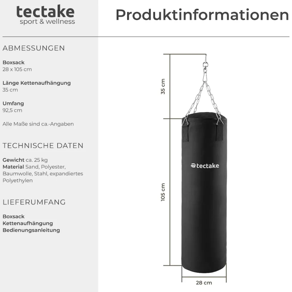 tectake® Boxsack, gefüllt, hängend, 28 x 105 cm, inklusive Karabinerhaken