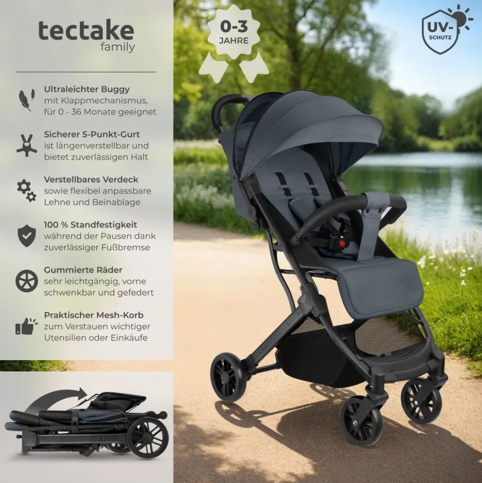 tectake® Buggy-Kinderwagen, Einhand-Klappmechanismus, mit 5-Punkt-Gurt, Feststellbremse, Schutzbügel, pulverbeschichtetes Stahlgestell und pflegeleichter Stoffbezug, für 0 bis 36 Monate geeignet, Belastbarkeit 15 kg