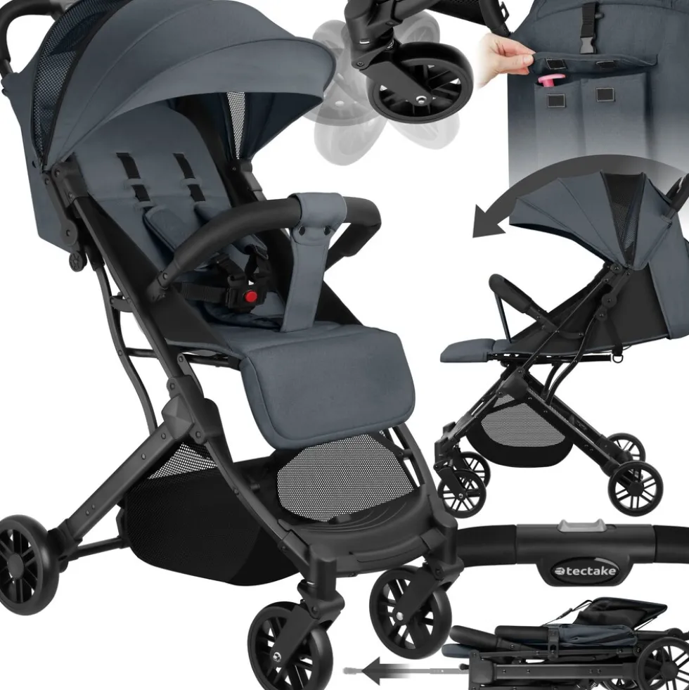 tectake® Buggy-Kinderwagen, Einhand-Klappmechanismus, mit 5-Punkt-Gurt, Feststellbremse, Schutzbügel, pulverbeschichtetes Stahlgestell und pflegeleichter Stoffbezug, für 0 bis 36 Monate geeignet, Belastbarkeit 15 kg