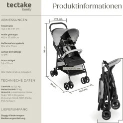 tectake® Buggy-Kinderwagen, klappbar, mit 5-Punkt-Gurt, Bremse und Schutzbügel, pulverbeschichtetes Stahlgestell und pflegeleichter Polyesterbezug, für 0 bis 36 Monate geeignet, Belastbarkeit 15 kg