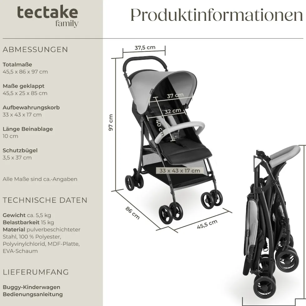tectake® Buggy-Kinderwagen, klappbar, mit 5-Punkt-Gurt, Bremse und Schutzbügel, pulverbeschichtetes Stahlgestell und pflegeleichter Polyesterbezug, für 0 bis 36 Monate geeignet, Belastbarkeit 15 kg