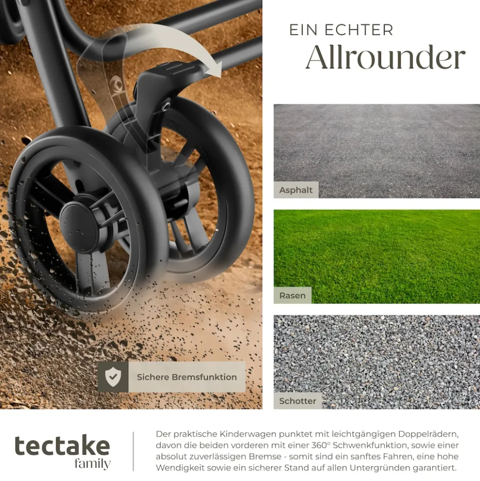 tectake® Buggy-Kinderwagen, klappbar, mit 5-Punkt-Gurt, Bremse und Schutzbügel, pulverbeschichtetes Stahlgestell und pflegeleichter Polyesterbezug, für 0 bis 36 Monate geeignet, Belastbarkeit 15 kg