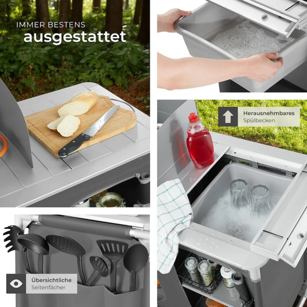 tectake® Campingküche Luxus mit Aluminiumgestell und 4 Fächern, faltbar, mit viel Stauraum, Windschutz und Spülbecken, 116 x 52 x 107 cm