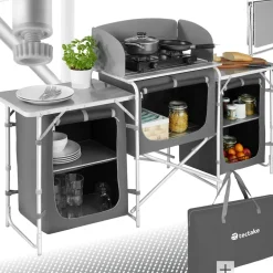 tectake® Campingküche XXL mit Aluminiumgestell und 5 Fächern, faltbar, mit großem Stauraum und Windschutz, 172 x 52 x 104 cm