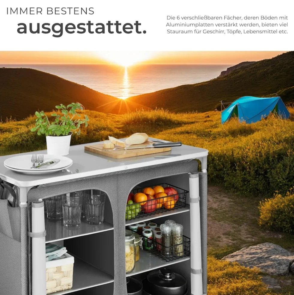 tectake® Campingschrank Deluxe mit Aluminiumgestell und 6 Fächern, faltbar, Stauraum mit 6 Fächern, 97 x 47,5 x 78 cm