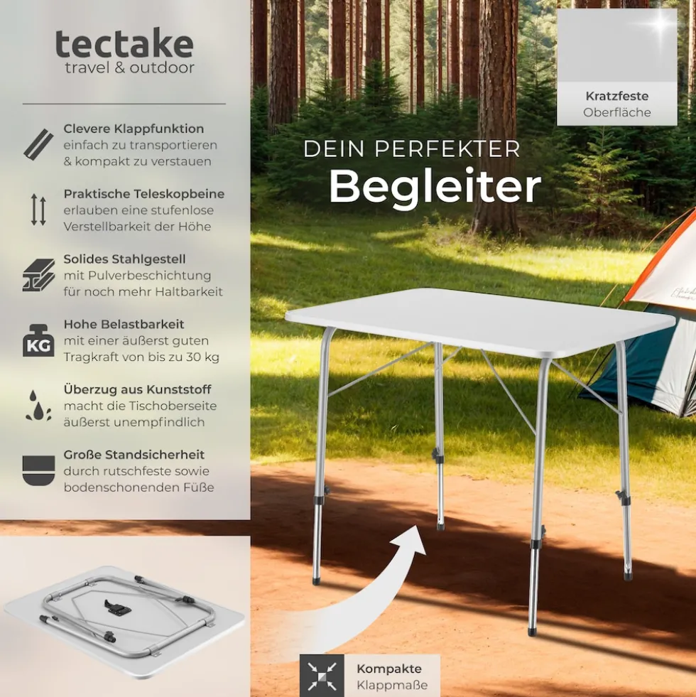 tectake® Campingtisch, klappbar, stufenlos höhenverstellbare Beine, 80 x 60 x 68 cm