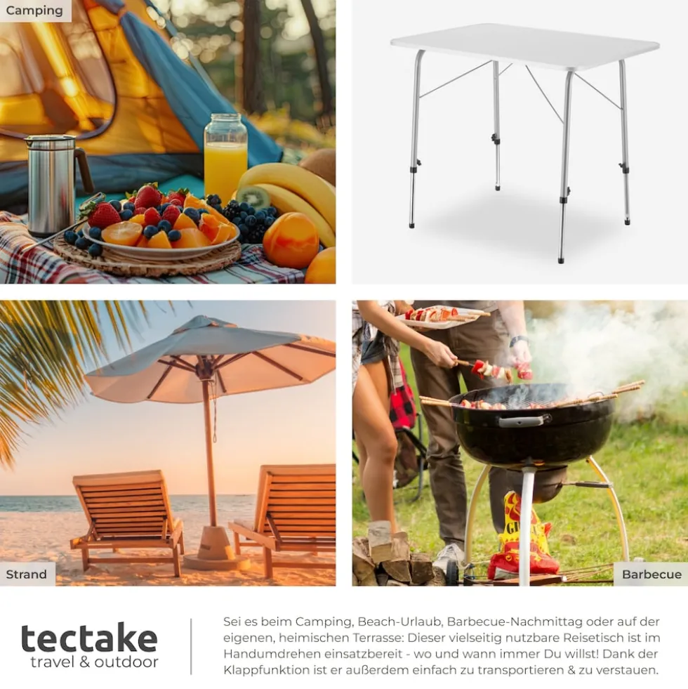 tectake® Campingtisch, klappbar, stufenlos höhenverstellbare Beine, 80 x 60 x 68 cm