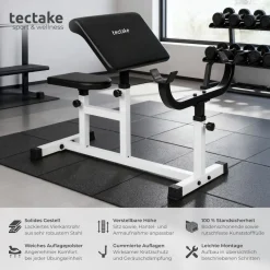 tectake® Curlbank, Hantelablage 5-fach höhenverstellbar, gepolstert mit Kunstlederbezug, rutschfest, 98 x 65 x 94 cm