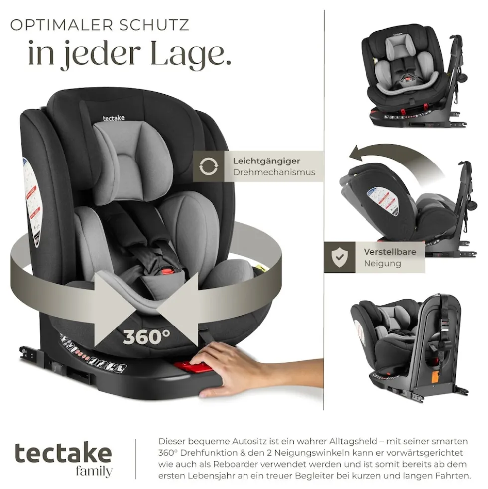 tectake® Drehbarer Autositz, i-Size Zulassung, ISOFIX-Installation und Top Tether, mit Seitenaufprallschutz, längenverstellbarer 5-Punkt-Gurt, höhenverstellbare Kopfstütze, ab Geburt bis 150 cm, Belastbarkeit 36 kg