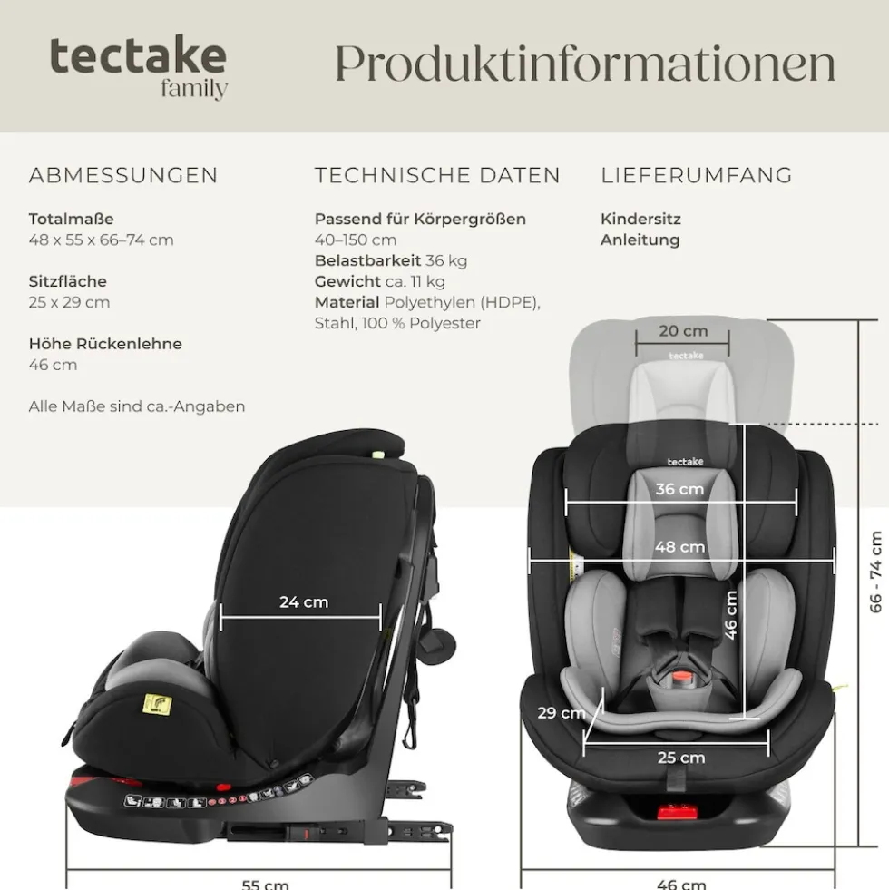 tectake® Drehbarer Autositz, i-Size Zulassung, ISOFIX-Installation und Top Tether, mit Seitenaufprallschutz, längenverstellbarer 5-Punkt-Gurt, höhenverstellbare Kopfstütze, ab Geburt bis 150 cm, Belastbarkeit 36 kg