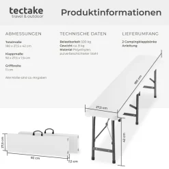 tectake® 2er Set Campingklappbank, wetterfest, je 500 kg belastbar, bis zu 8 Personen, gummierte Tragegriffe