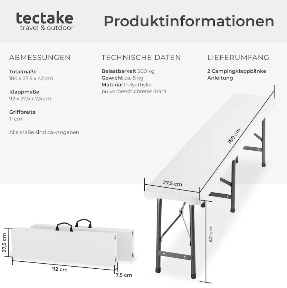 tectake® 2er Set Campingklappbank, wetterfest, je 500 kg belastbar, bis zu 8 Personen, gummierte Tragegriffe