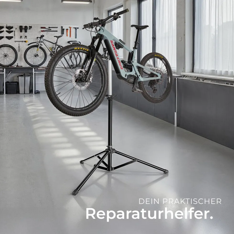 tectake® Fahrradmontageständer, Belastbarkeit 50 kg, klappbar mit Schnellverschlüssen, lackschonend, inklusive Vorderrad-Stabilisator und magnetischer Werkzeugablage