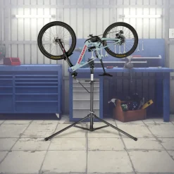 tectake® Fahrradmontageständer, Belastbarkeit 50 kg, klappbar mit Schnellverschlüssen, lackschonend, inklusive Vorderrad-Stabilisator und magnetischer Werkzeugablage