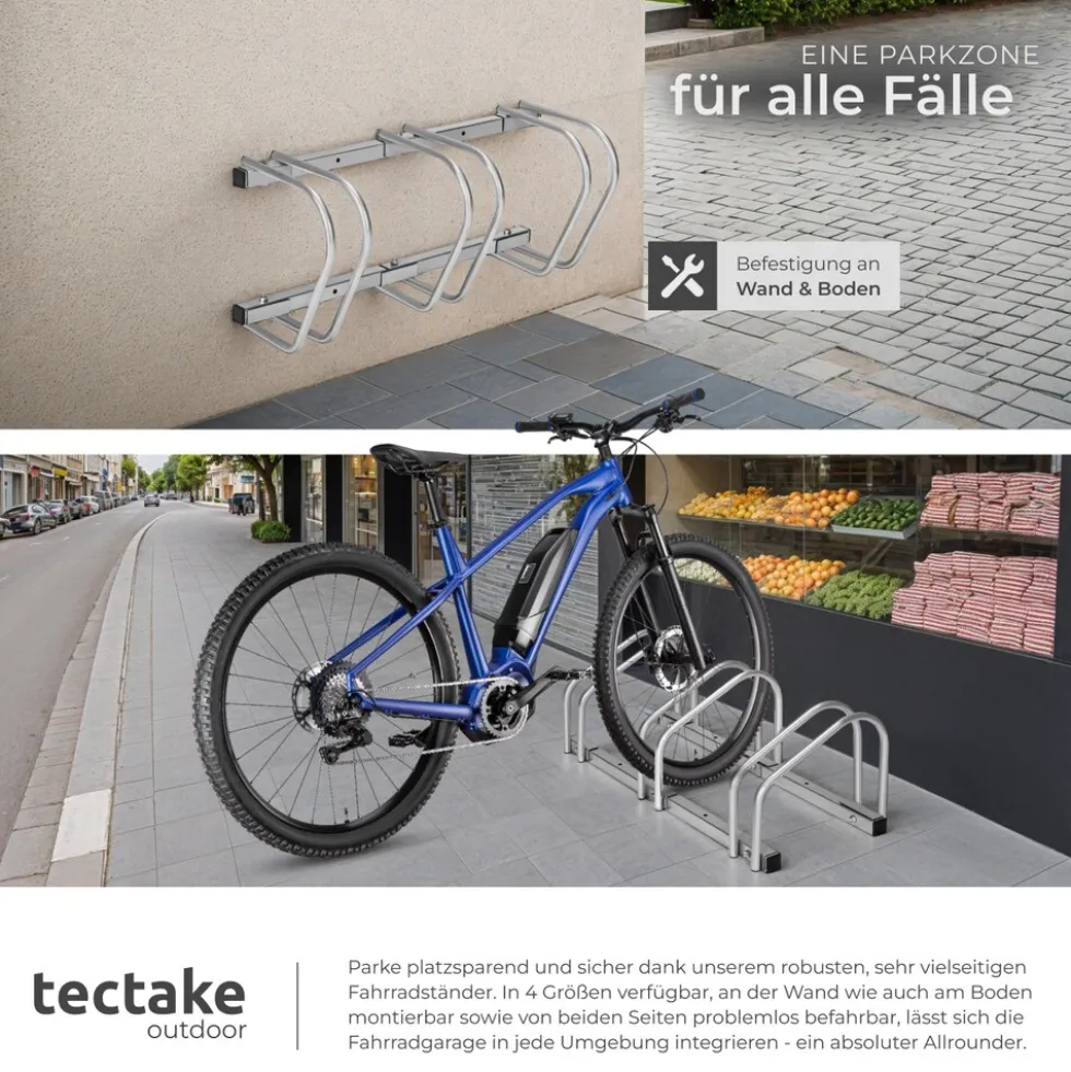 tectake® Fahrradständer, aus rostfreiem Stahl, Boden- und Wandmontage, von beiden Seiten befahrbar