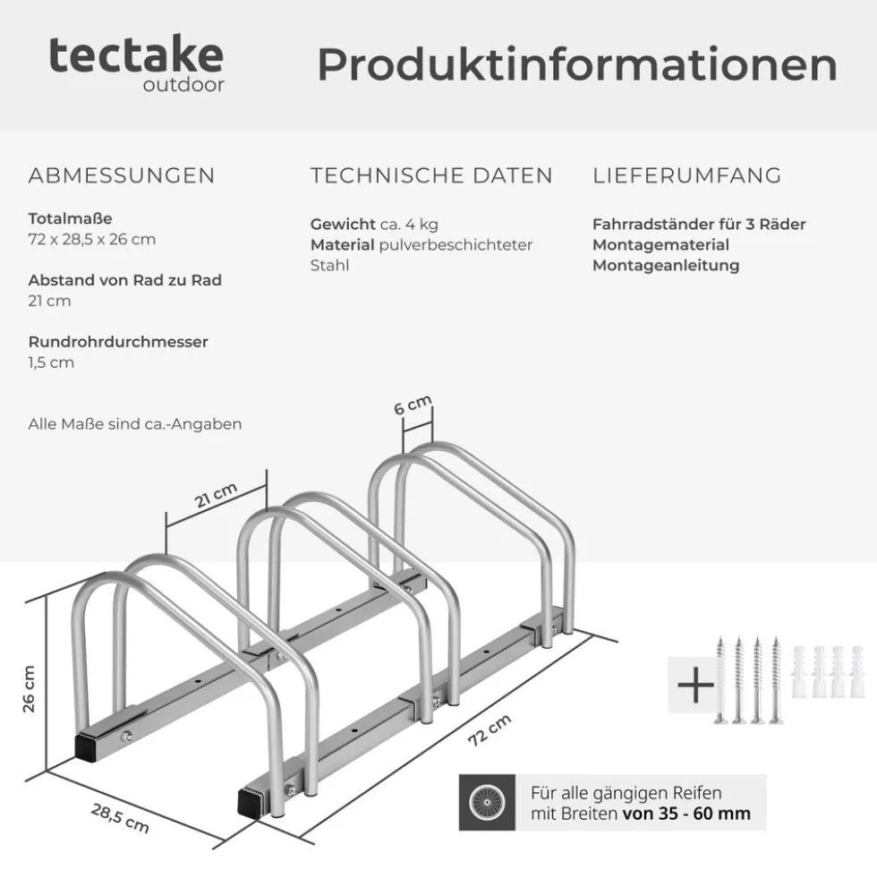 tectake® Fahrradständer, aus rostfreiem Stahl, Boden- und Wandmontage, von beiden Seiten befahrbar