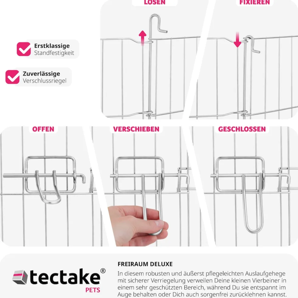 tectake® Freilaufgehege, aus 8 Gitterelementen, große Tür mit Verriegelung, 145 x 73 cm