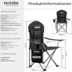tectake® Gepolsterter Campingstuhl, faltbar, inkl. Tragetasche, wasserabweisendes 600D Oxford-Gewebe, 88,5 x 55 x 103 cm, Belastbarkeit 120 kg