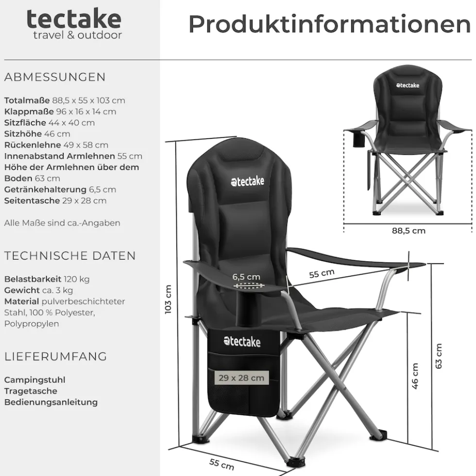 tectake® Gepolsterter Campingstuhl, faltbar, inkl. Tragetasche, wasserabweisendes 600D Oxford-Gewebe, 88,5 x 55 x 103 cm, Belastbarkeit 120 kg