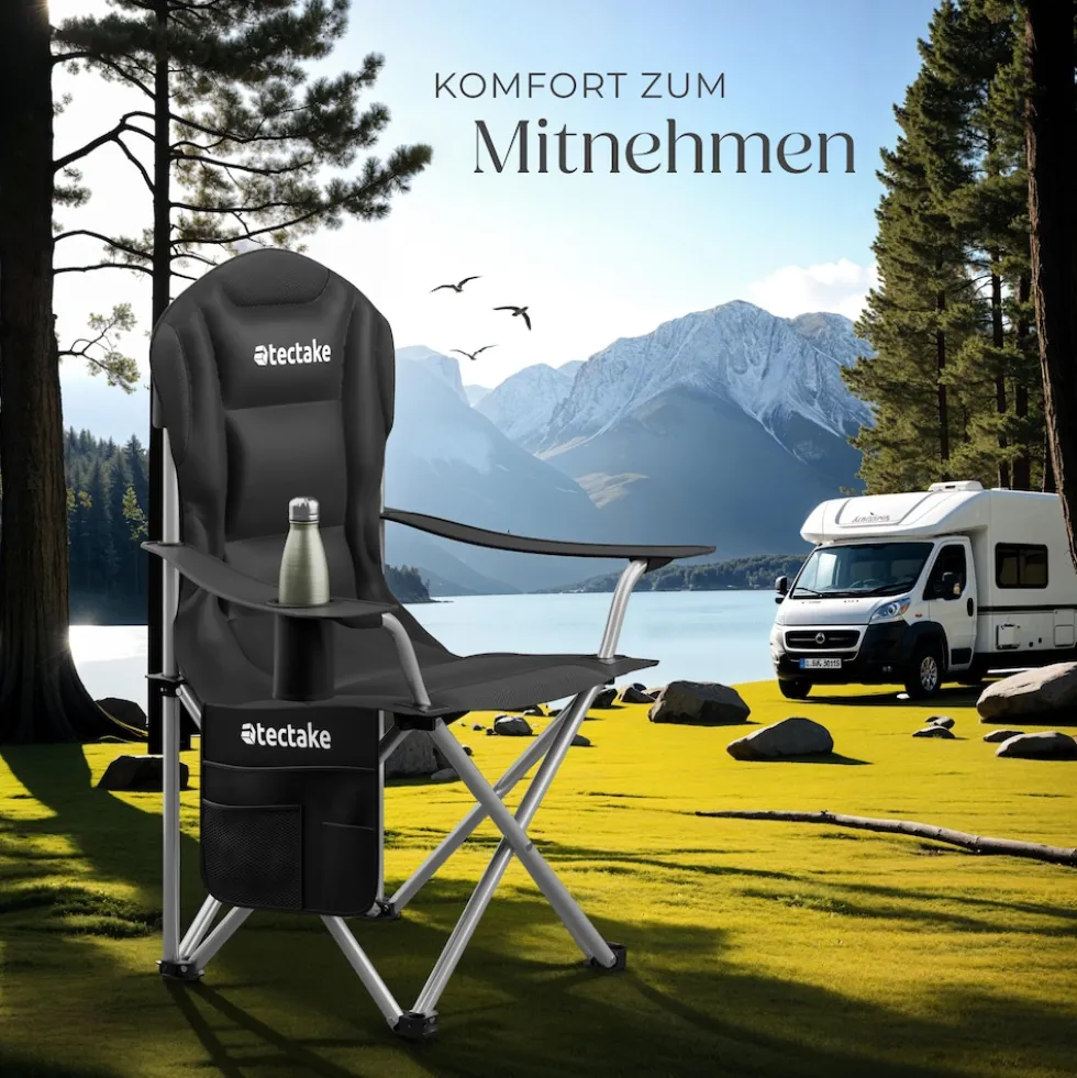tectake® Gepolsterter Campingstuhl, faltbar, inkl. Tragetasche, wasserabweisendes 600D Oxford-Gewebe, 88,5 x 55 x 103 cm, Belastbarkeit 120 kg