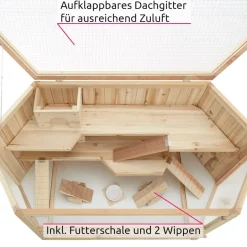 tectake® Hamsterkäfig, aus Holz, aufklappbares Dachgitter, 115 x 60 x 58 cm