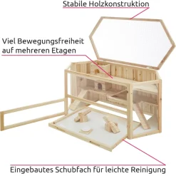 tectake® Hamsterkäfig, aus Holz, aufklappbares Dachgitter, 115 x 60 x 58 cm